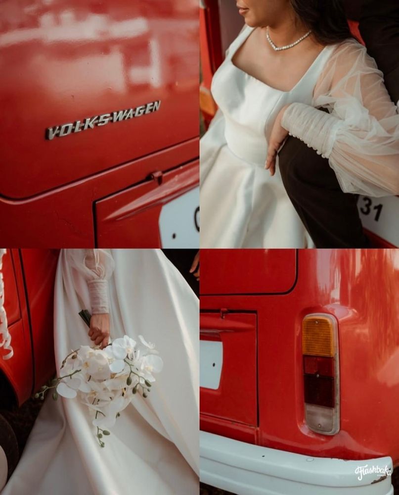 Detail collage of bride and the VW van