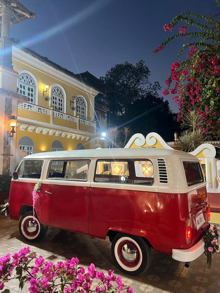 VW Bay Window outside a Goan villa at night